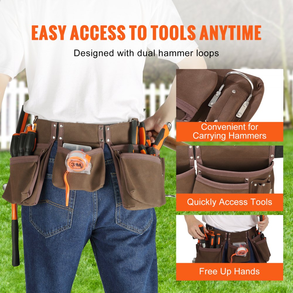 VEVOR Tool Belt, 13 Pockets, Adjusts from 29 Inches to 54 Inches, Leather Heavy Duty Tool Pouch Bag with Dual Hammer Loops, Tool Bag for Electrician, Carpenter, Handyman, Construction, Framer, Brown