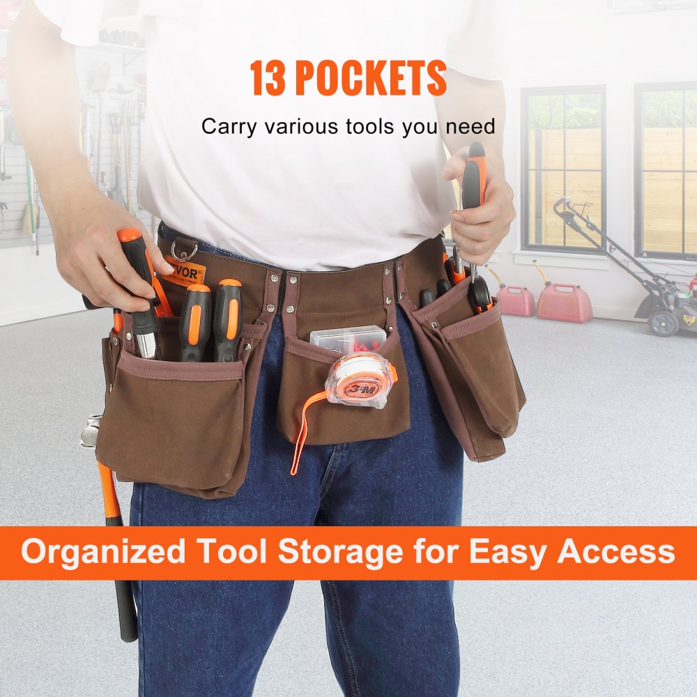 VEVOR Tool Belt, 13 Pockets, Adjusts from 29 Inches to 54 Inches, Leather Heavy Duty Tool Pouch Bag with Dual Hammer Loops, Tool Bag for Electrician, Carpenter, Handyman, Construction, Framer, Brown