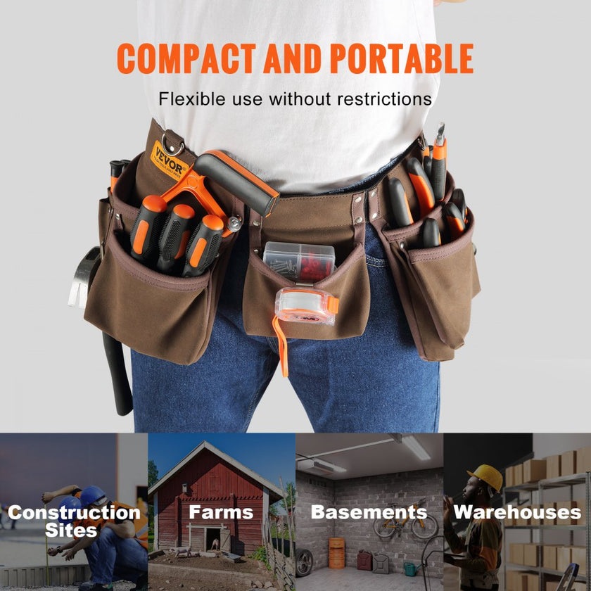 VEVOR Tool Belt, 13 Pockets, Adjusts from 29 Inches to 54 Inches, Leather Heavy Duty Tool Pouch Bag with Dual Hammer Loops, Tool Bag for Electrician, Carpenter, Handyman, Construction, Framer, Brown