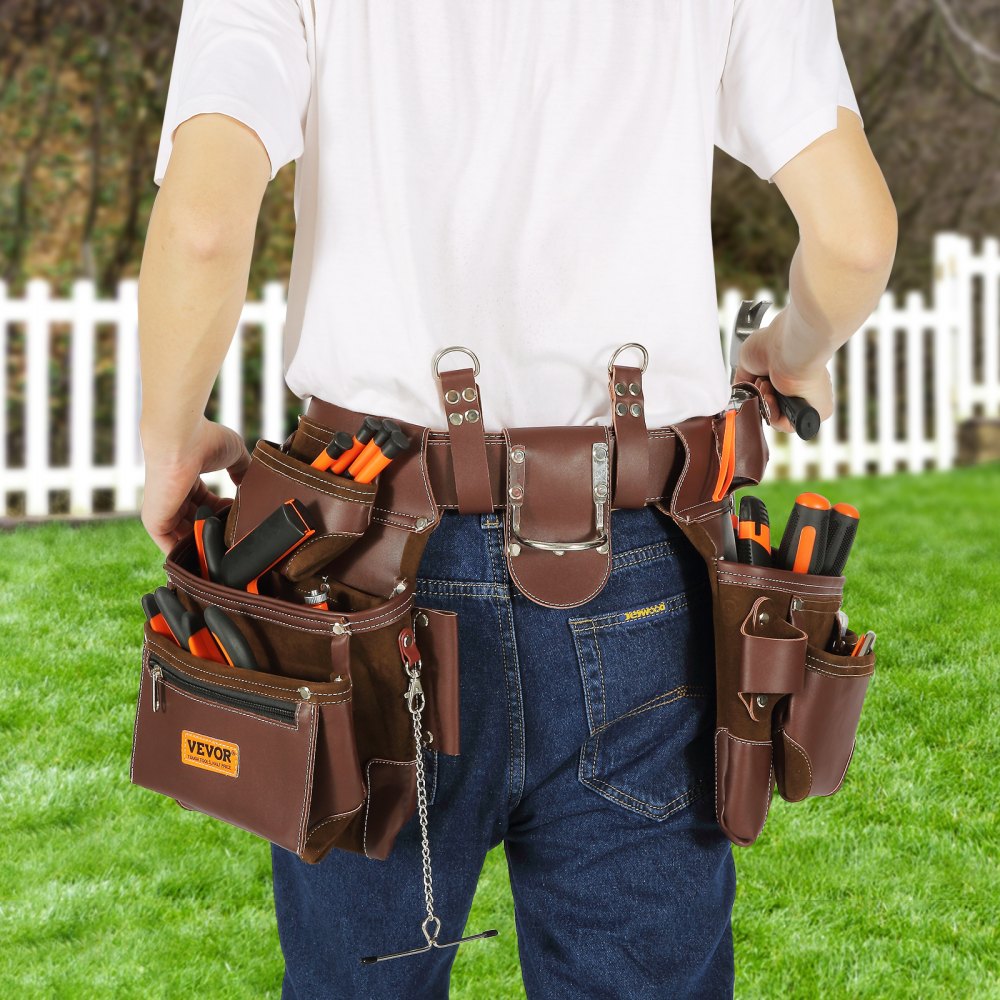 VEVOR Tool Belt, 22 Pockets, Adjust from 29 Inches to 54 Inches, Premium PU Heavy Duty Tool Pouch Bag, Detachable Tool Bag for Electrician, Carpenter, Handyman, Woodworker, Construction, Framer, Brown