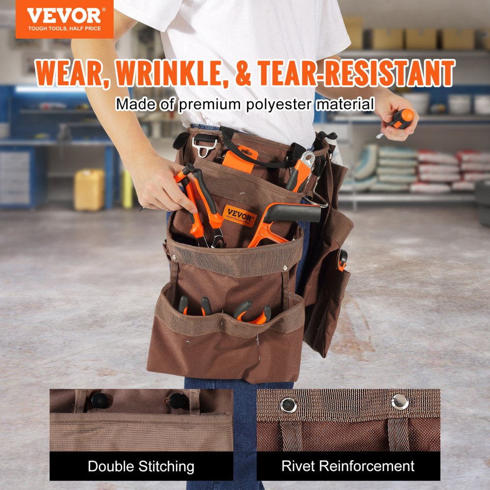 VEVOR Tool Belt, 19 Pockets, Adjusts from 32 Inches to 54 Inches, Polyester Heavy Duty Tool Pouch Bag, Detachable Tool Bag for Electrician, Carpenter, Handyman, Woodworker, Construction, Framer, Brown