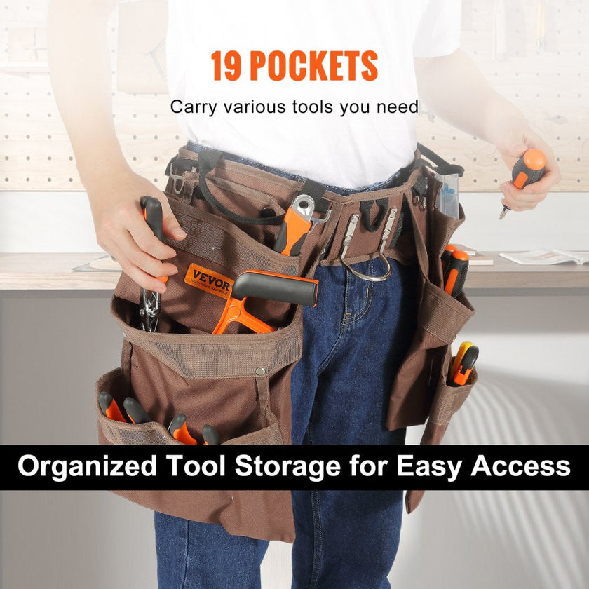 VEVOR Tool Belt, 19 Pockets, Adjusts from 32 Inches to 54 Inches, Polyester Heavy Duty Tool Pouch Bag, Detachable Tool Bag for Electrician, Carpenter, Handyman, Woodworker, Construction, Framer, Brown