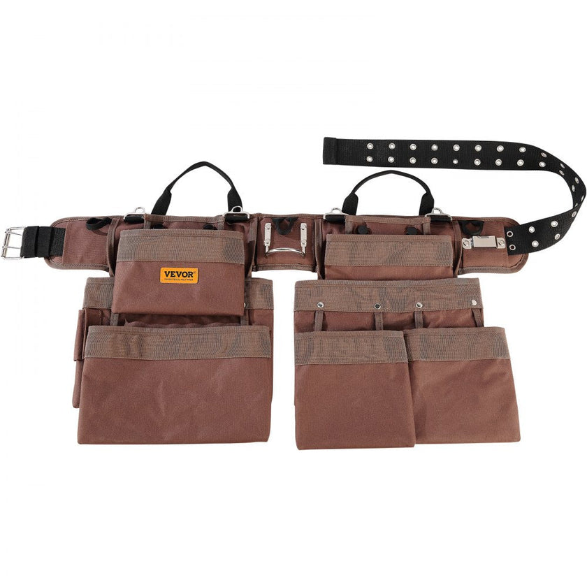 VEVOR Tool Belt, 19 Pockets, Adjusts from 32 Inches to 54 Inches, Polyester Heavy Duty Tool Pouch Bag, Detachable Tool Bag for Electrician, Carpenter, Handyman, Woodworker, Construction, Framer, Brown