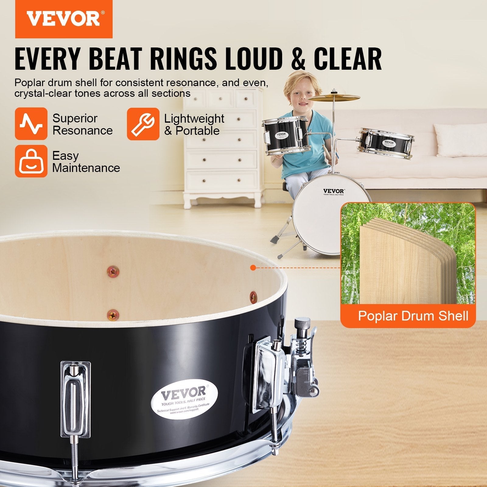 VEVOR Kids Drum Set, 3-Piece, 14 in Beginner Drum Set with Adjustable Throne Cymbal Pedal Two Pairs of Drumsticks, 8'' Tom Drum 10'' Snare Drum 14'' Bass Drum, Starter Drum Kit for Child Kids, Black