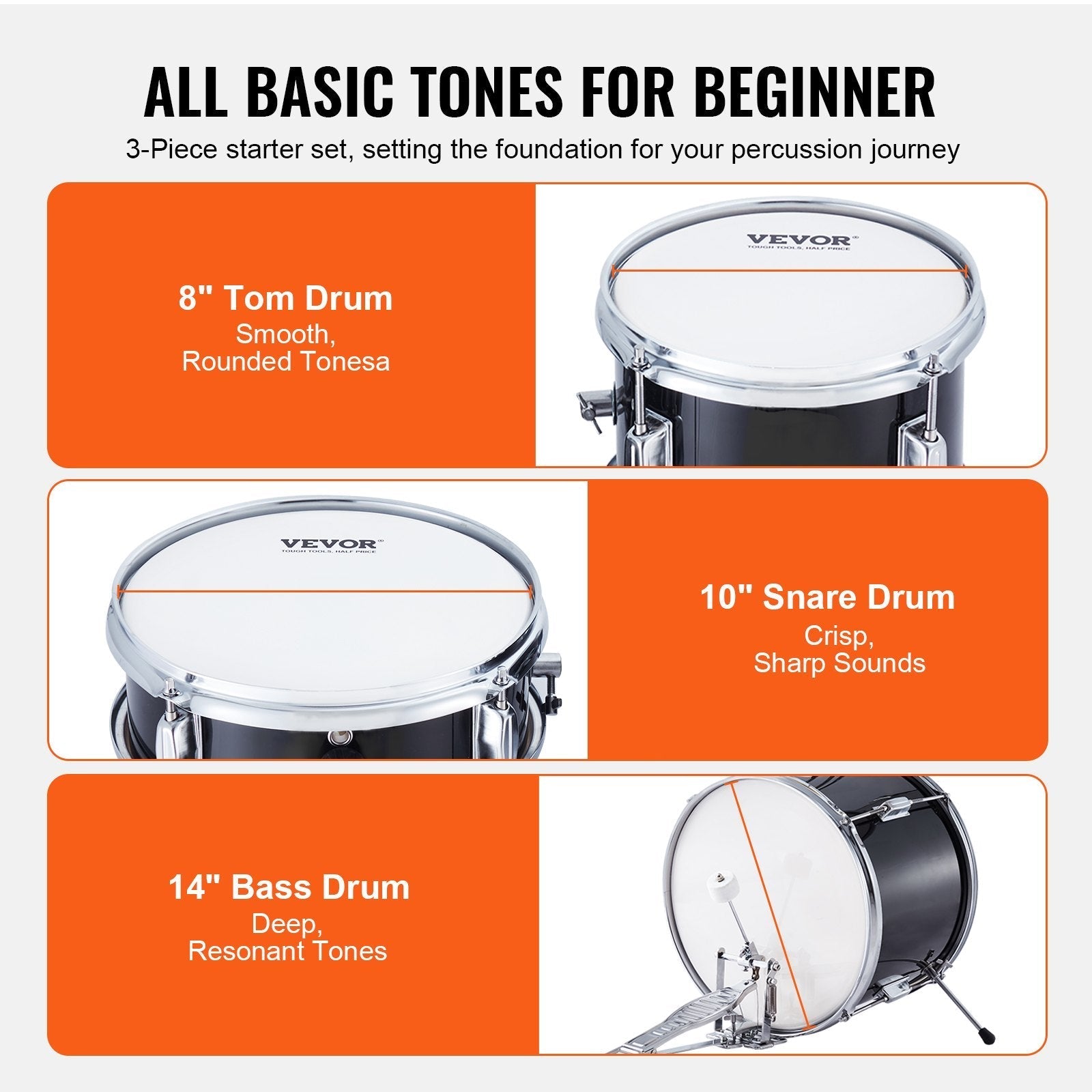VEVOR Kids Drum Set, 3-Piece, 14 in Beginner Drum Set with Adjustable Throne Cymbal Pedal Two Pairs of Drumsticks, 8'' Tom Drum 10'' Snare Drum 14'' Bass Drum, Starter Drum Kit for Child Kids, Black