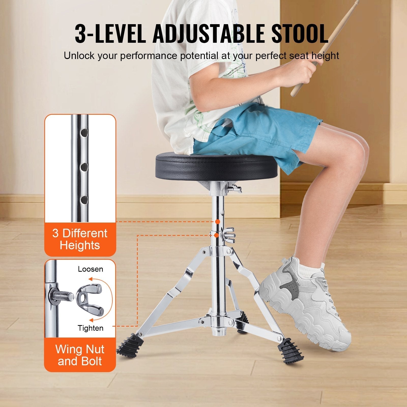 VEVOR Kids Drum Set, 3-Piece, 14 in Beginner Drum Set with Adjustable Throne Cymbal Pedal Two Pairs of Drumsticks, 8'' Tom Drum 10'' Snare Drum 14'' Bass Drum, Starter Drum Kit for Child Kids, Black