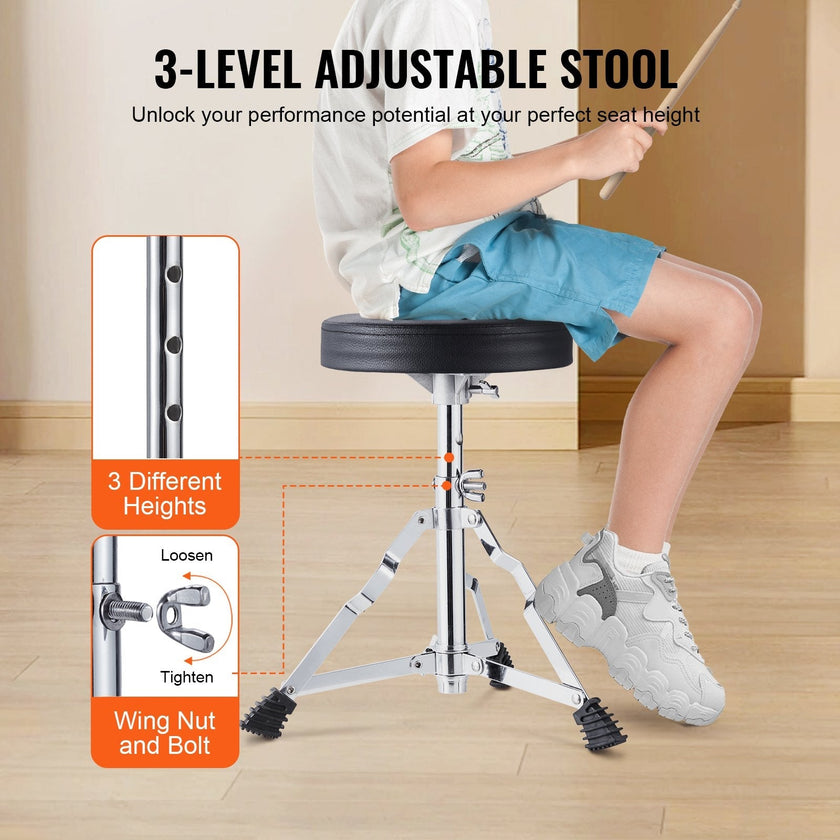 VEVOR Kids Drum Set, 3-Piece, 14 in Beginner Drum Set with Adjustable Throne Cymbal Pedal Two Pairs of Drumsticks, 8'' Tom Drum 10'' Snare Drum 14'' Bass Drum, Starter Drum Kit for Child Kids, Black