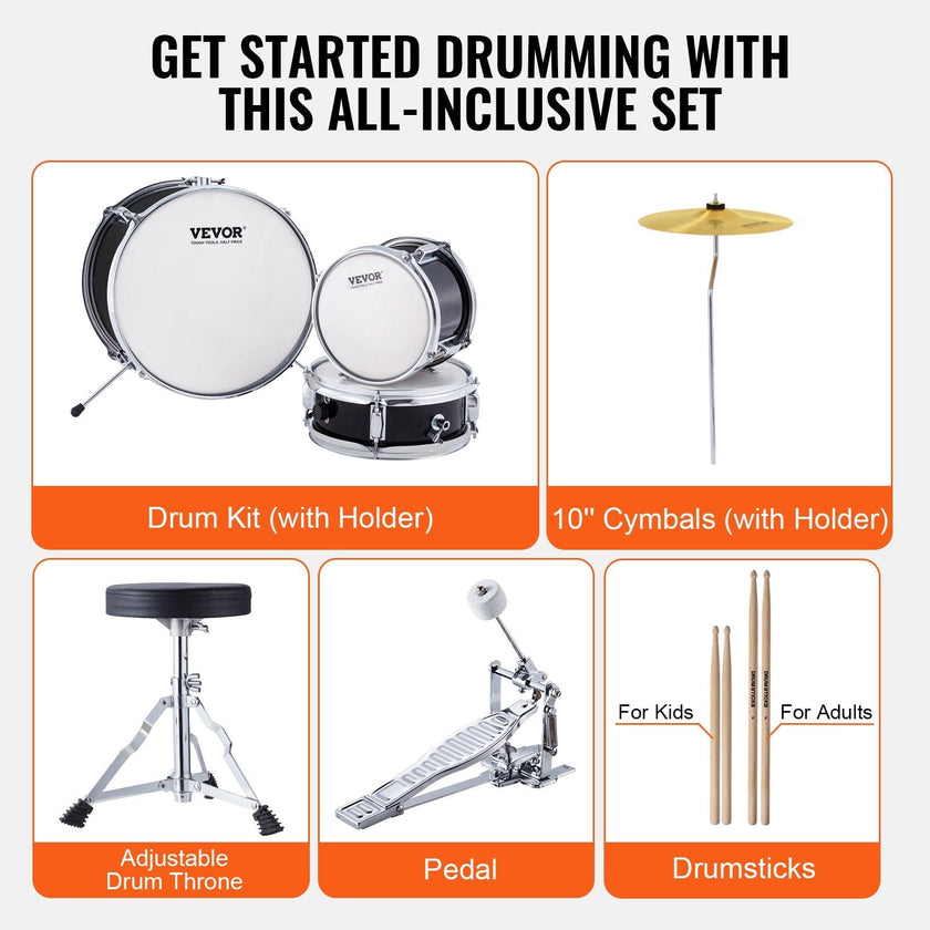 VEVOR Kids Drum Set, 3-Piece, 14 in Beginner Drum Set with Adjustable Throne Cymbal Pedal Two Pairs of Drumsticks, 8'' Tom Drum 10'' Snare Drum 14'' Bass Drum, Starter Drum Kit for Child Kids, Black