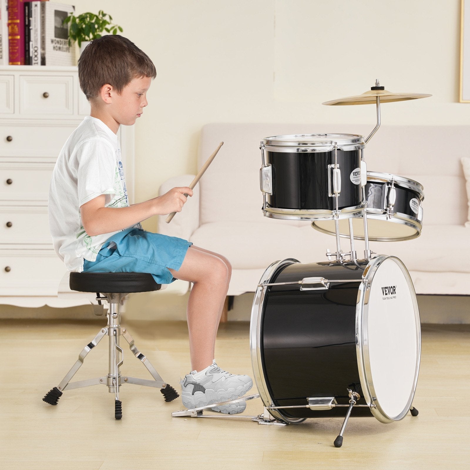 VEVOR Kids Drum Set, 3-Piece, 14 in Beginner Drum Set with Adjustable Throne Cymbal Pedal Two Pairs of Drumsticks, 8'' Tom Drum 10'' Snare Drum 14'' Bass Drum, Starter Drum Kit for Child Kids, Black