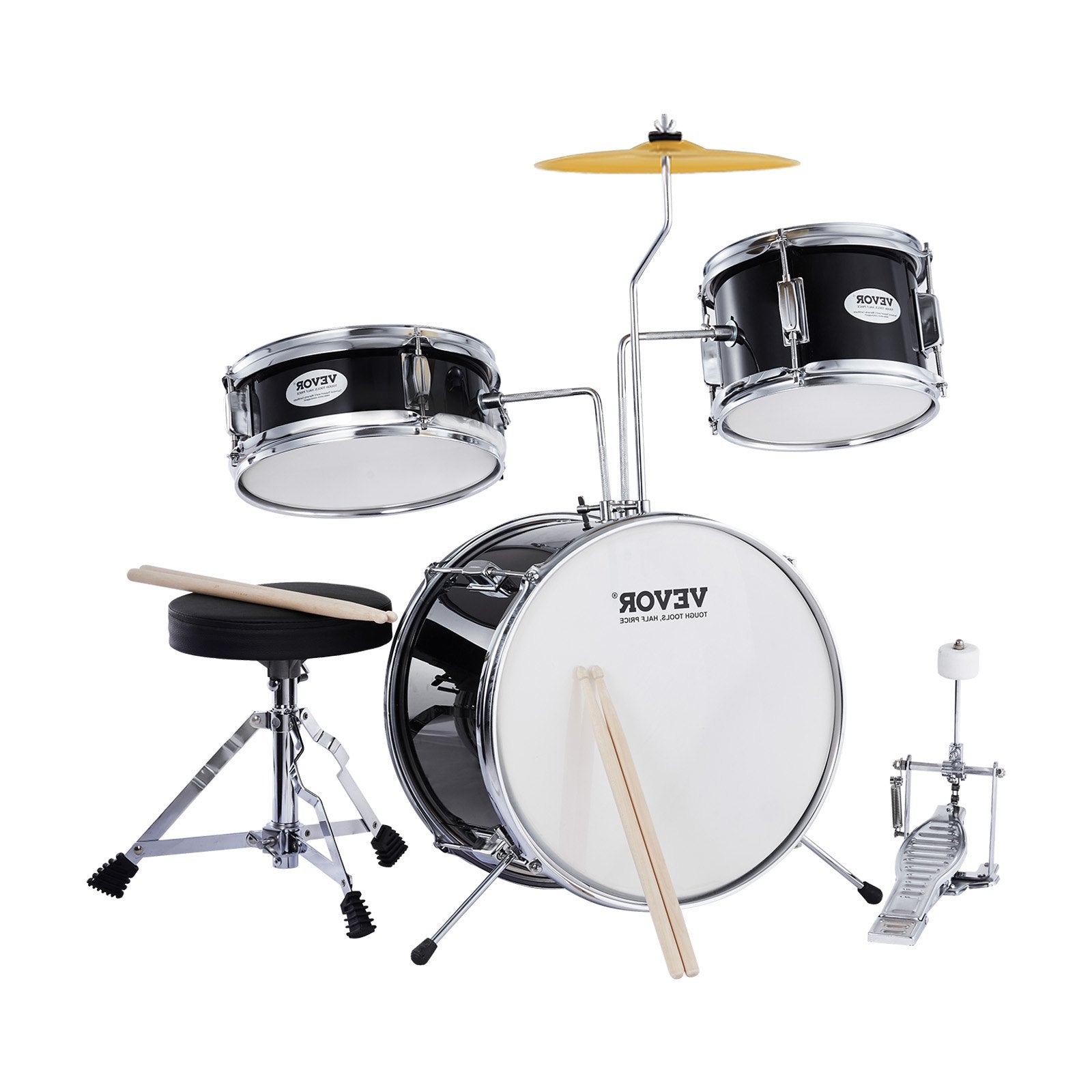 VEVOR Kids Drum Set, 3-Piece, 14 in Beginner Drum Set with Adjustable Throne Cymbal Pedal Two Pairs of Drumsticks, 8'' Tom Drum 10'' Snare Drum 14'' Bass Drum, Starter Drum Kit for Child Kids, Black