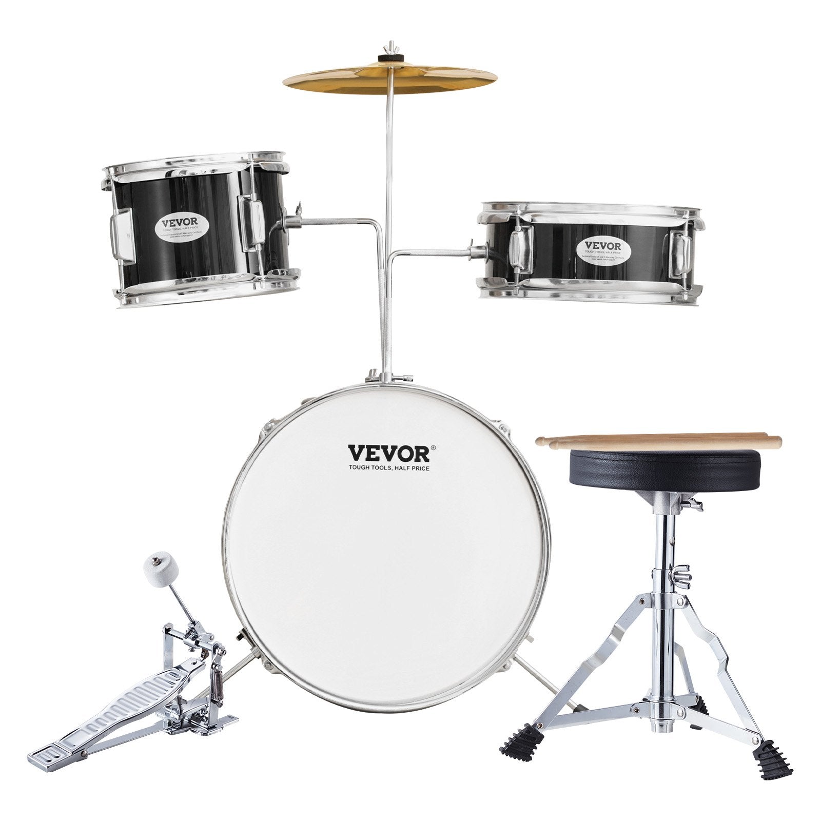 VEVOR Kids Drum Set, 3-Piece, 14 in Beginner Drum Set with Adjustable Throne Cymbal Pedal Two Pairs of Drumsticks, 8'' Tom Drum 10'' Snare Drum 14'' Bass Drum, Starter Drum Kit for Child Kids, Black