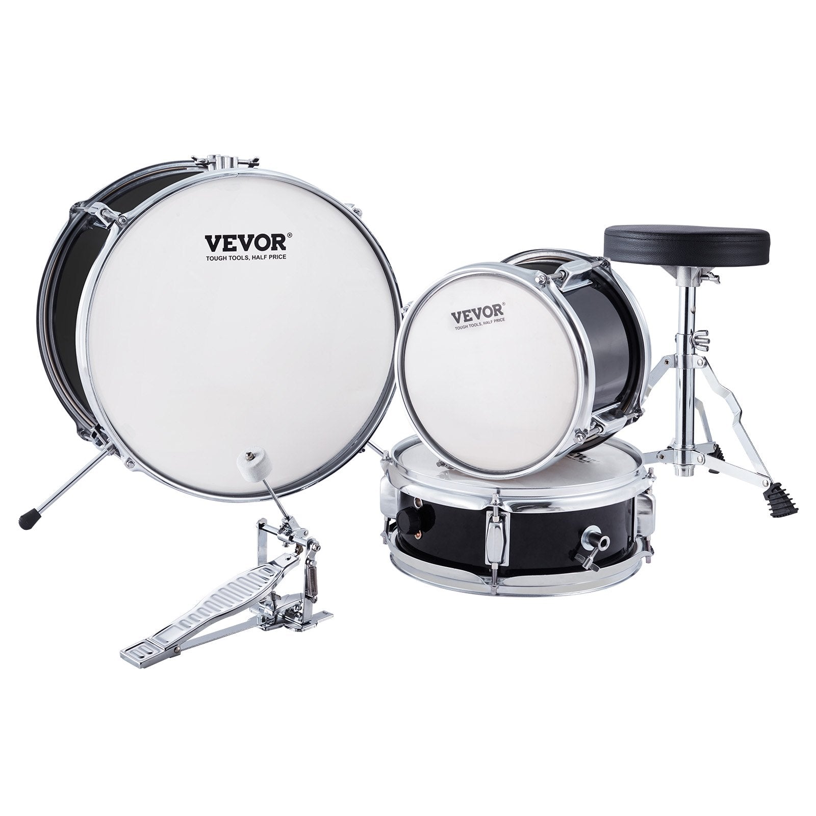 VEVOR Kids Drum Set, 3-Piece, 14 in Beginner Drum Set with Adjustable Throne Cymbal Pedal Two Pairs of Drumsticks, 8'' Tom Drum 10'' Snare Drum 14'' Bass Drum, Starter Drum Kit for Child Kids, Black