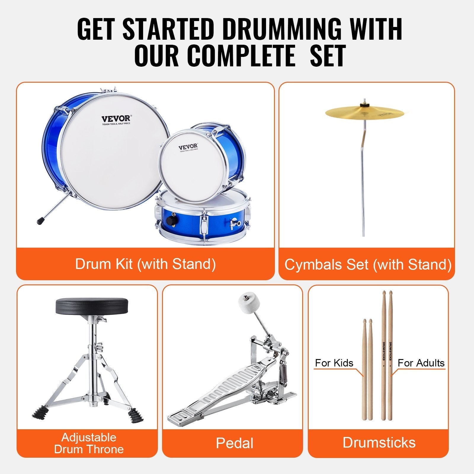 VEVOR Kids Drum Set, 3-Piece, 14 in Beginner Drum Set with Adjustable Throne Cymbal Pedal Two Pairs of Drumsticks, 8'' Tom Drum 10'' Snare Drum 14'' Bass Drum, Starter Drum Kit for Child Kids, Blue