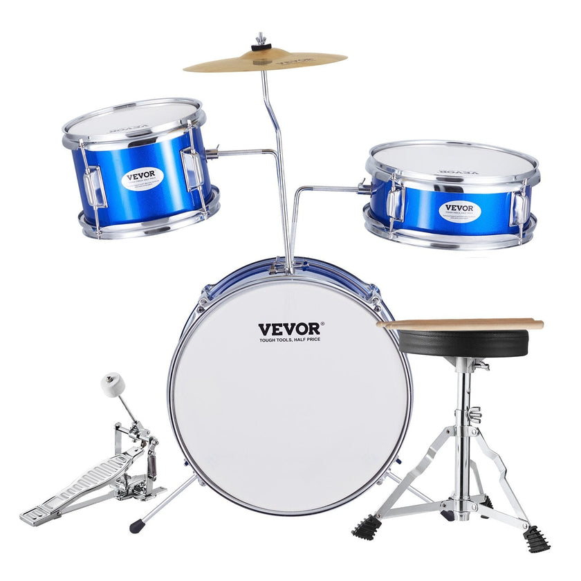 VEVOR Kids Drum Set, 3-Piece, 14 in Beginner Drum Set with Adjustable Throne Cymbal Pedal Two Pairs of Drumsticks, 8'' Tom Drum 10'' Snare Drum 14'' Bass Drum, Starter Drum Kit for Child Kids, Blue