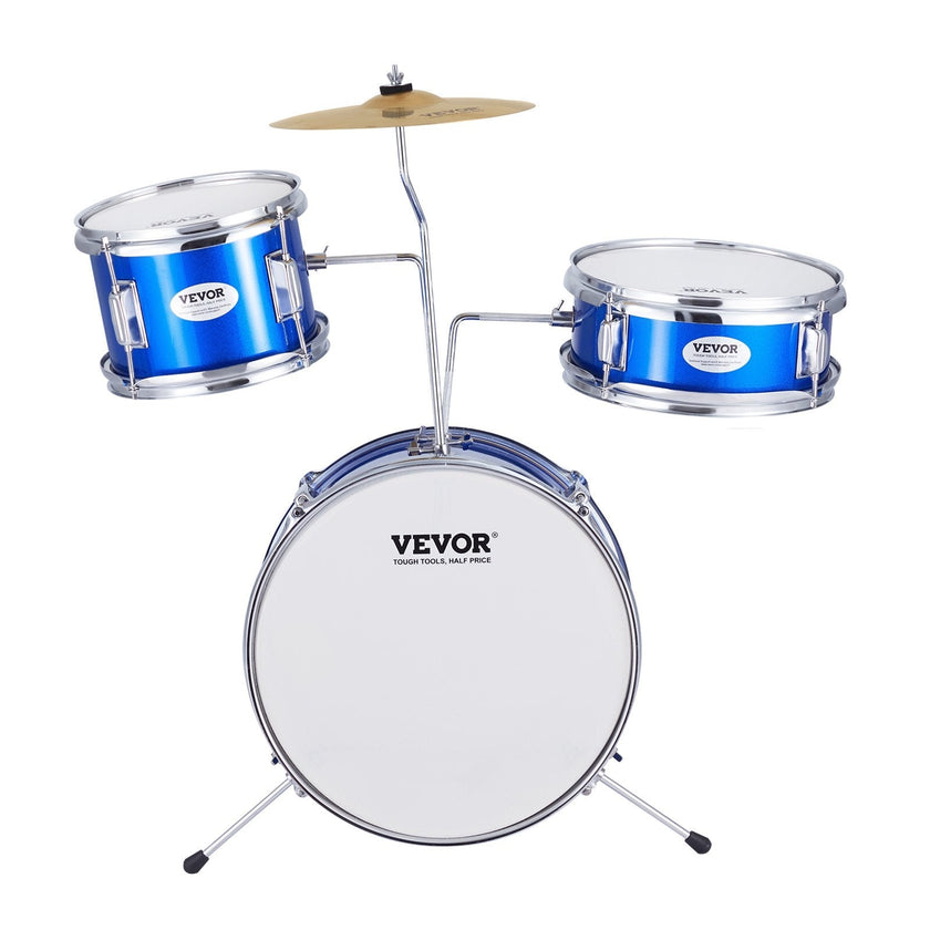 VEVOR Kids Drum Set, 3-Piece, 14 in Beginner Drum Set with Adjustable Throne Cymbal Pedal Two Pairs of Drumsticks, 8'' Tom Drum 10'' Snare Drum 14'' Bass Drum, Starter Drum Kit for Child Kids, Blue