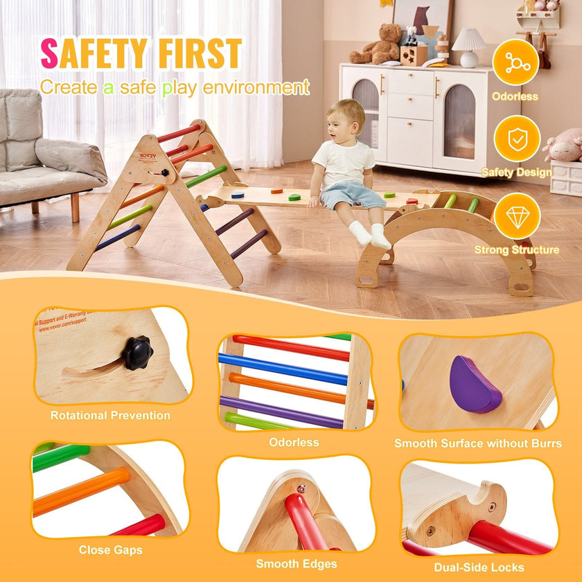 VEVOR Pikler Triangle Set 5in1 Montessori Climbing Toys Toddlers Large Colorful