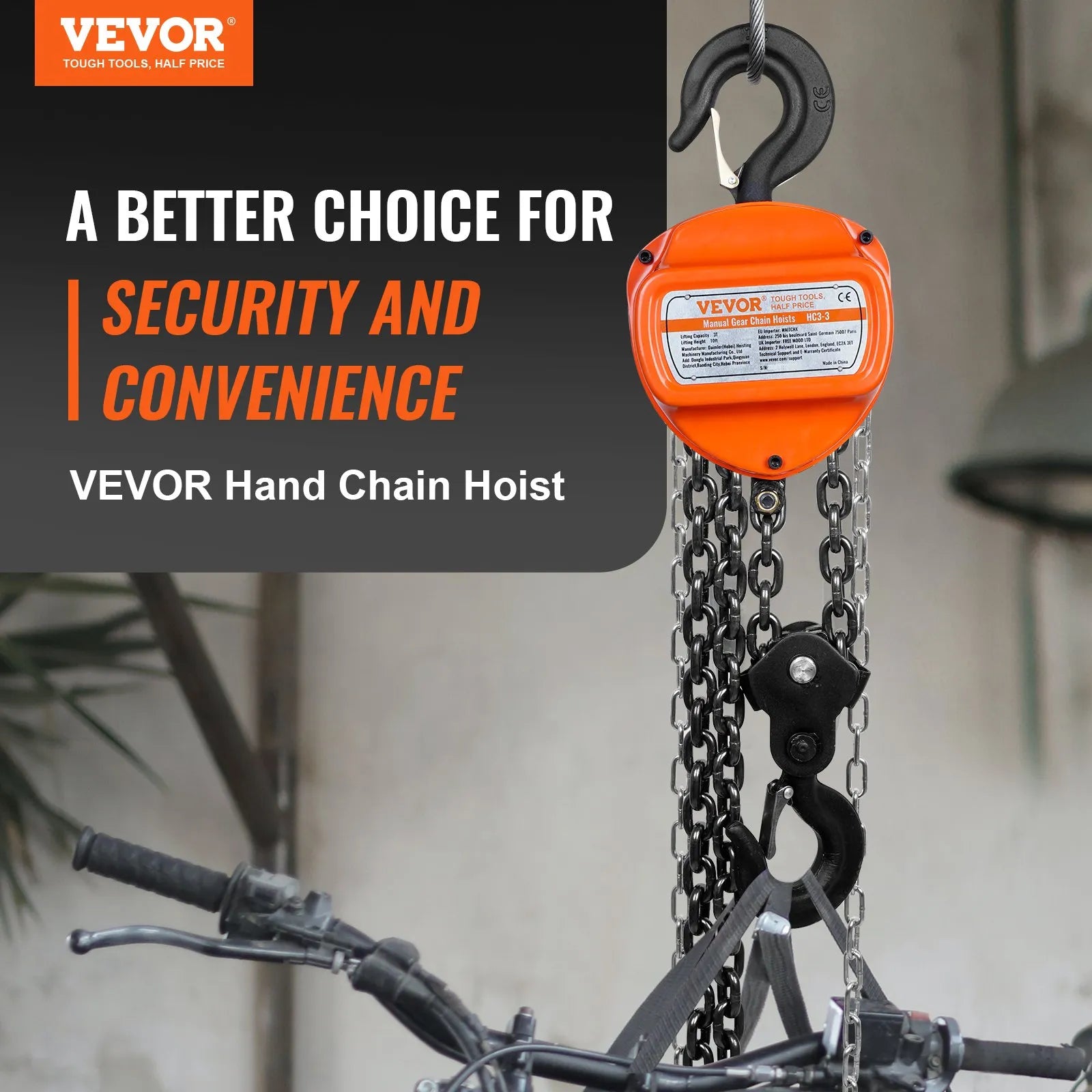 VEVOR Manual Chain Hoist, 3 Ton 6600 lbs Capacity 10 FT Come Along, G80 Galvanized Carbon Steel with Double-Pawl Brake, Auto Chain Leading & 360° Rotation Hook, for Garage Factory Dock