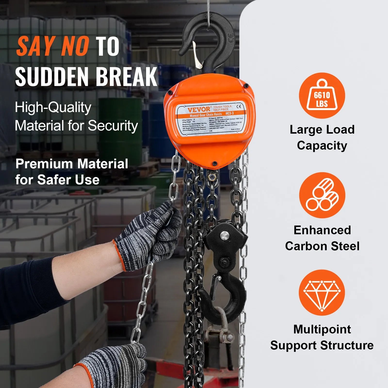 VEVOR Manual Chain Hoist, 3 Ton 6600 lbs Capacity 10 FT Come Along, G80 Galvanized Carbon Steel with Double-Pawl Brake, Auto Chain Leading & 360° Rotation Hook, for Garage Factory Dock