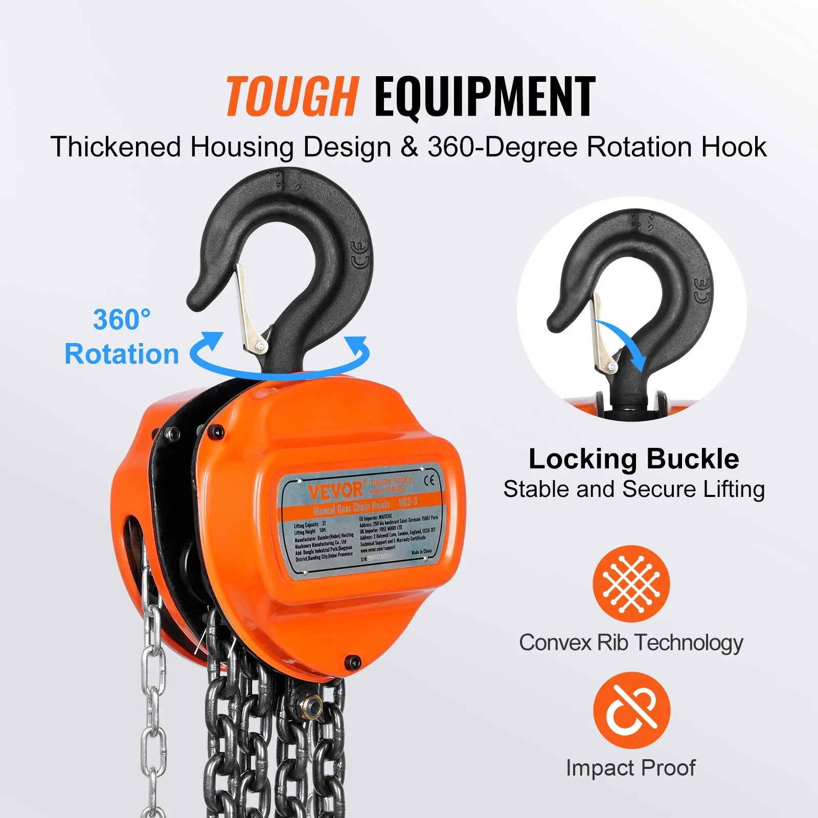 VEVOR Manual Chain Hoist, 3 Ton 6600 lbs Capacity 10 FT Come Along, G80 Galvanized Carbon Steel with Double-Pawl Brake, Auto Chain Leading & 360° Rotation Hook, for Garage Factory Dock