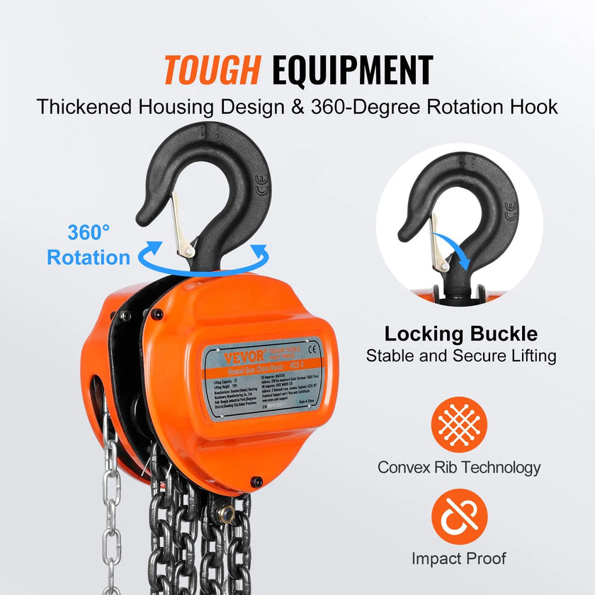 VEVOR Manual Chain Hoist, 3 Ton 6600 lbs Capacity 10 FT Come Along, G80 Galvanized Carbon Steel with Double-Pawl Brake, Auto Chain Leading & 360° Rotation Hook, for Garage Factory Dock