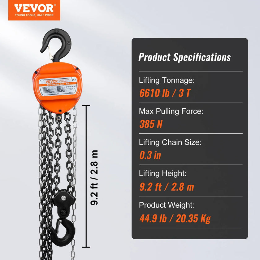 VEVOR Manual Chain Hoist, 3 Ton 6600 lbs Capacity 10 FT Come Along, G80 Galvanized Carbon Steel with Double-Pawl Brake, Auto Chain Leading & 360° Rotation Hook, for Garage Factory Dock