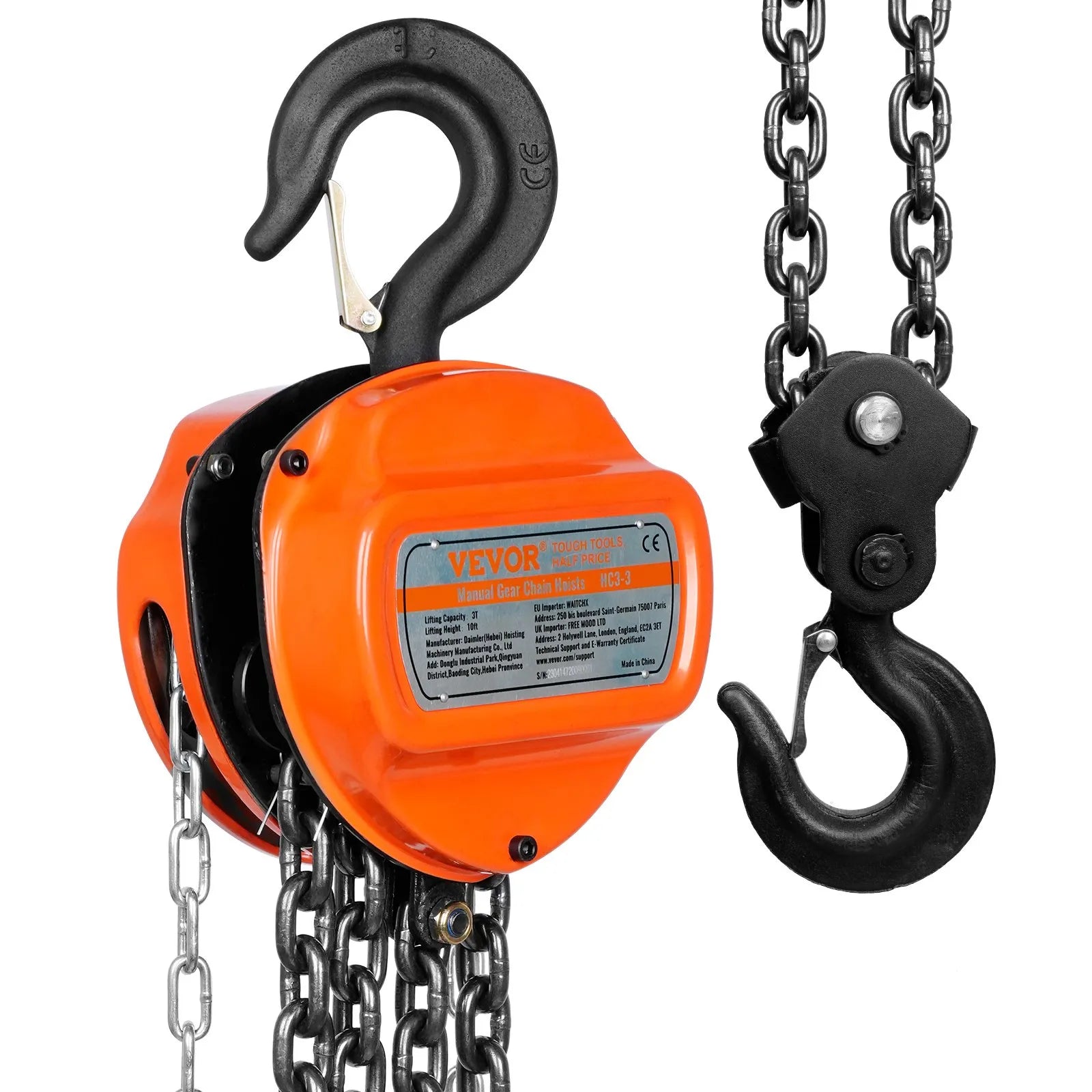 VEVOR Manual Chain Hoist, 3 Ton 6600 lbs Capacity 10 FT Come Along, G80 Galvanized Carbon Steel with Double-Pawl Brake, Auto Chain Leading & 360° Rotation Hook, for Garage Factory Dock