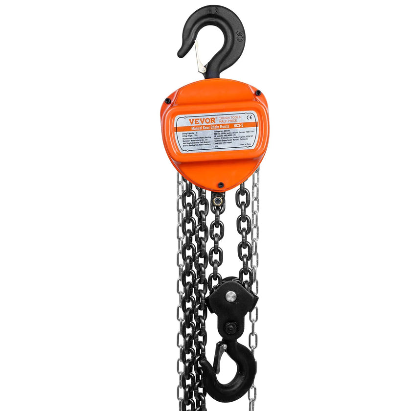 VEVOR Manual Chain Hoist, 3 Ton 6600 lbs Capacity 10 FT Come Along, G80 Galvanized Carbon Steel with Double-Pawl Brake, Auto Chain Leading & 360° Rotation Hook, for Garage Factory Dock