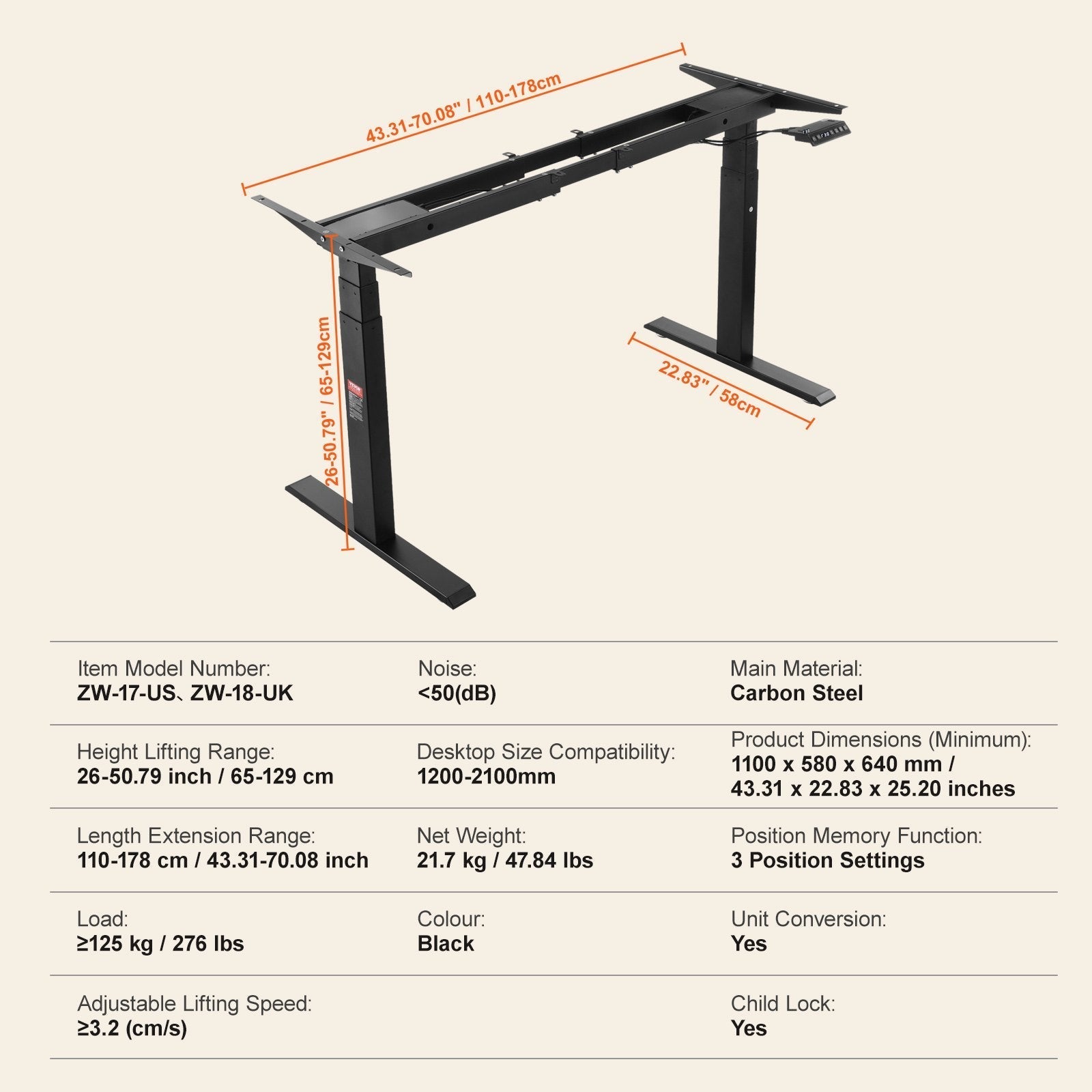 VEVOR Standing Desk Frame Dual Motor, Adjustable 26
