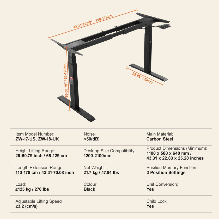 VEVOR Standing Desk Frame Dual Motor, Adjustable 26