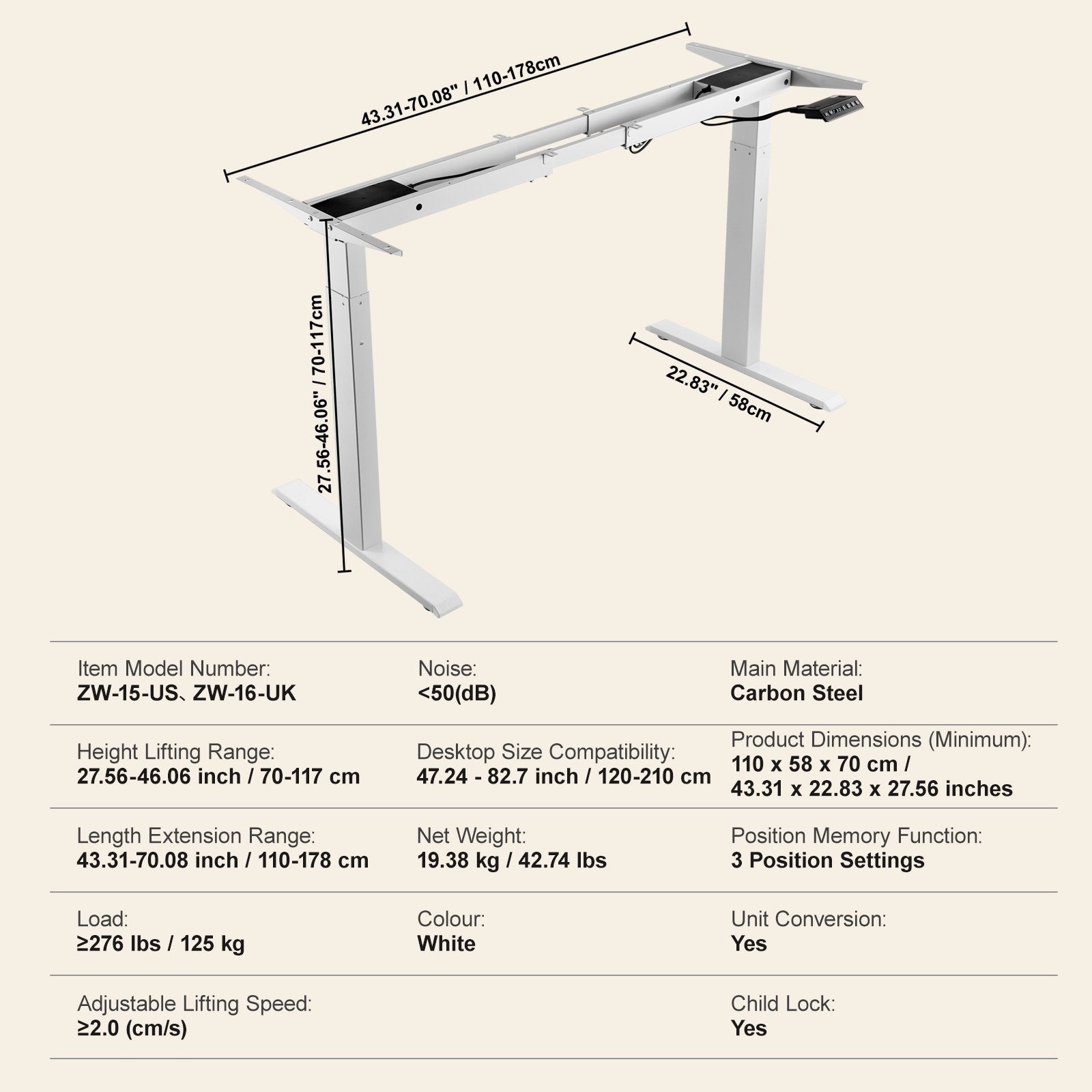 VEVOR Standing Desk Frame Dual Motor, Adjustable 27.6