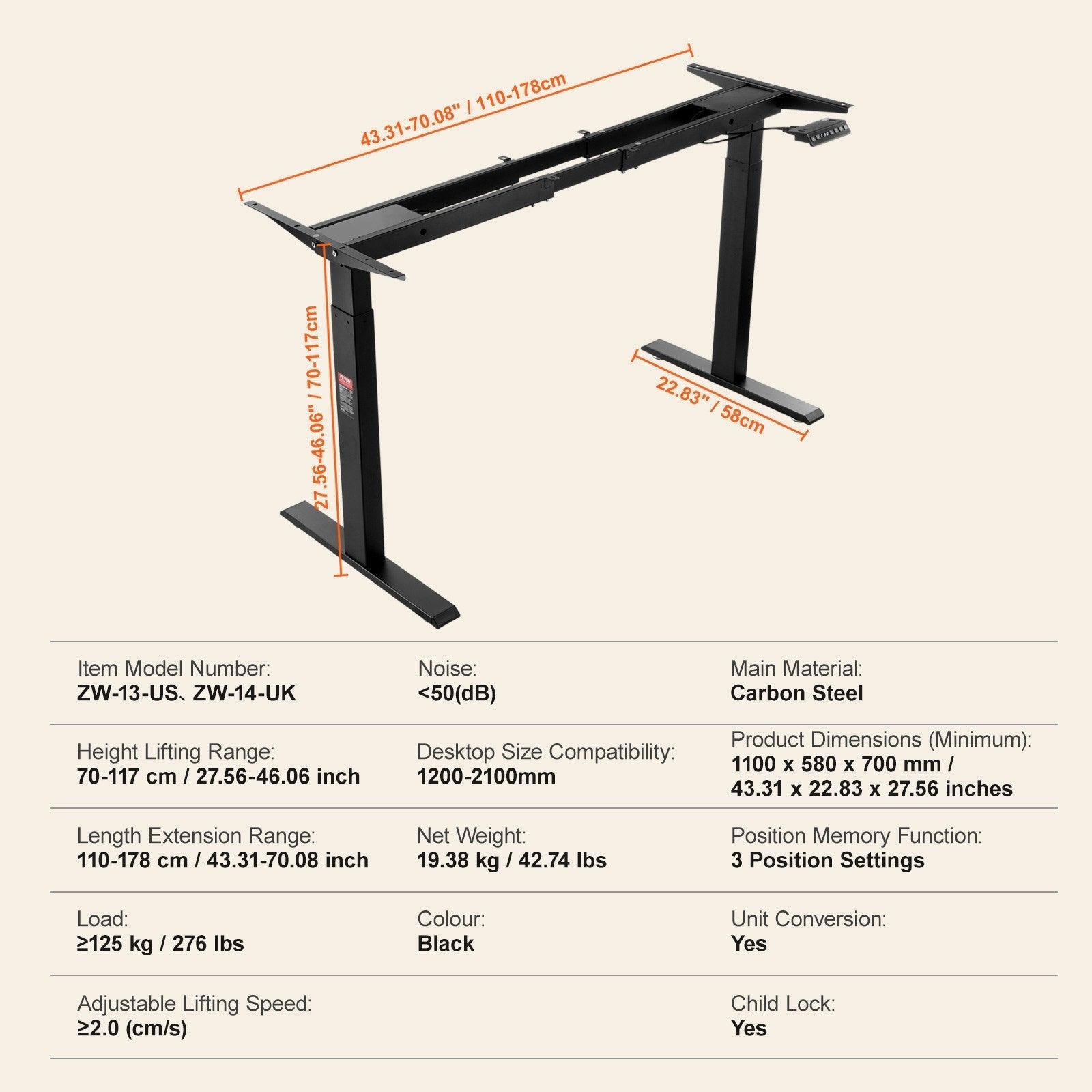 VEVOR Standing Desk Frame Dual Motor, Adjustable 27.6