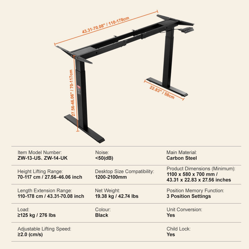 VEVOR Standing Desk Frame Dual Motor, Adjustable 27.6