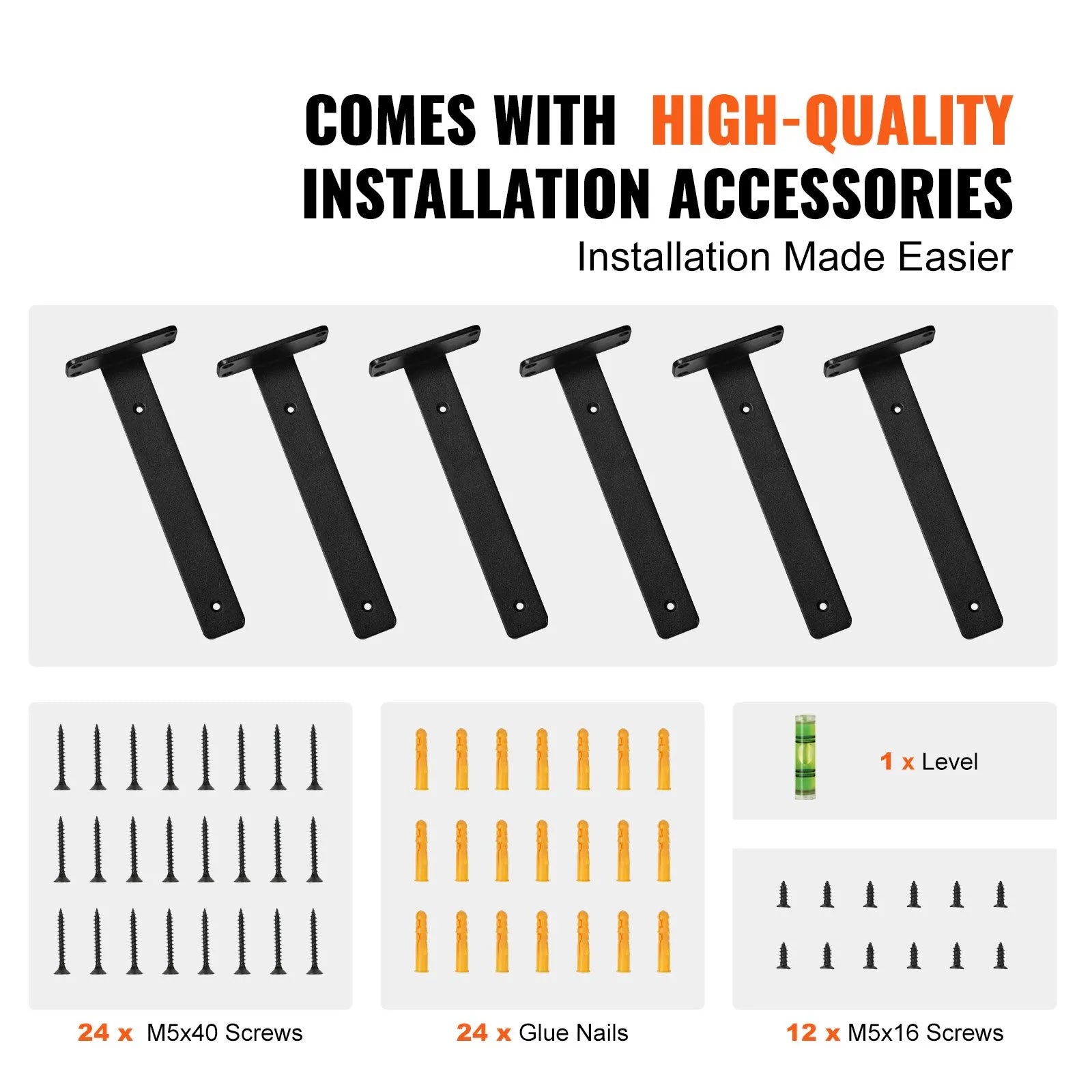 VEVOR Shelf Bracket, 12”L x 4”W x 1.6”H 6 Pcs, Heavy Duty Floating Shelf Brackets, Brackets for Shelves, 5mm Thick Matte Black L Shelf Bracket,Steel Shelving Brackets with 160 lbs Load Capacity