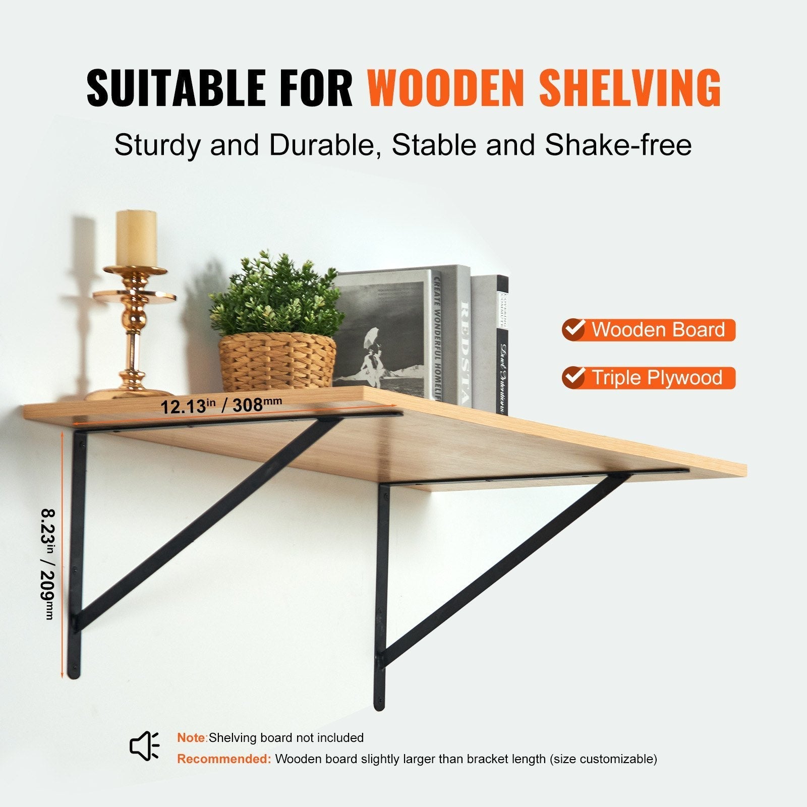 VEVOR Shelf Bracket, 12 x 8 in 10 Pcs, Heavy Duty Floating Shelf Brackets, Brackets for Shelves, 3mm Thick Matte Black Triangle Shelf Bracket,Steel Shelving Brackets with 160 lbs Load Capacity