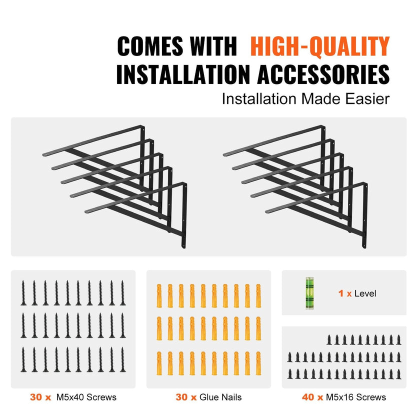 VEVOR Shelf Bracket, 12 x 8 in 10 Pcs, Heavy Duty Floating Shelf Brackets, Brackets for Shelves, 3mm Thick Matte Black Triangle Shelf Bracket,Steel Shelving Brackets with 160 lbs Load Capacity