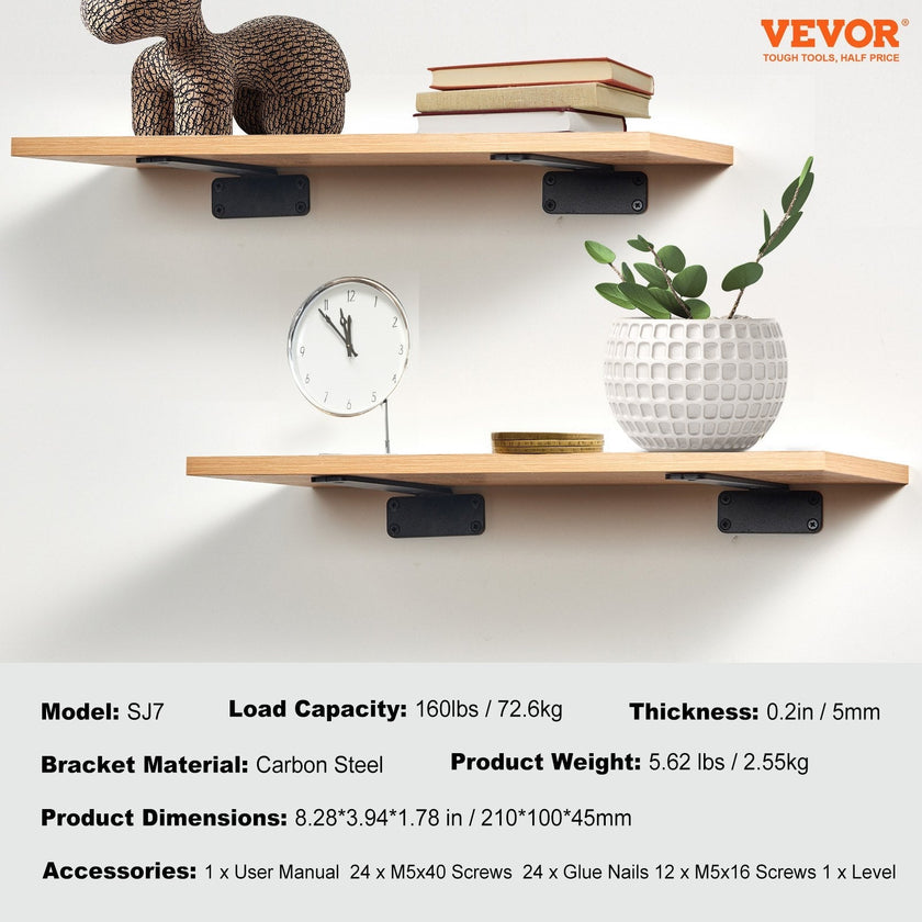 VEVOR Shelf Bracket, 8”L x 4”W x 1.6”H 6 Pcs, Heavy Duty Floating Shelf Brackets, Brackets for Shelves, 5mm Thick Matte Black L Shelf Bracket,Steel Shelving Brackets with 160 lbs Load Capacity