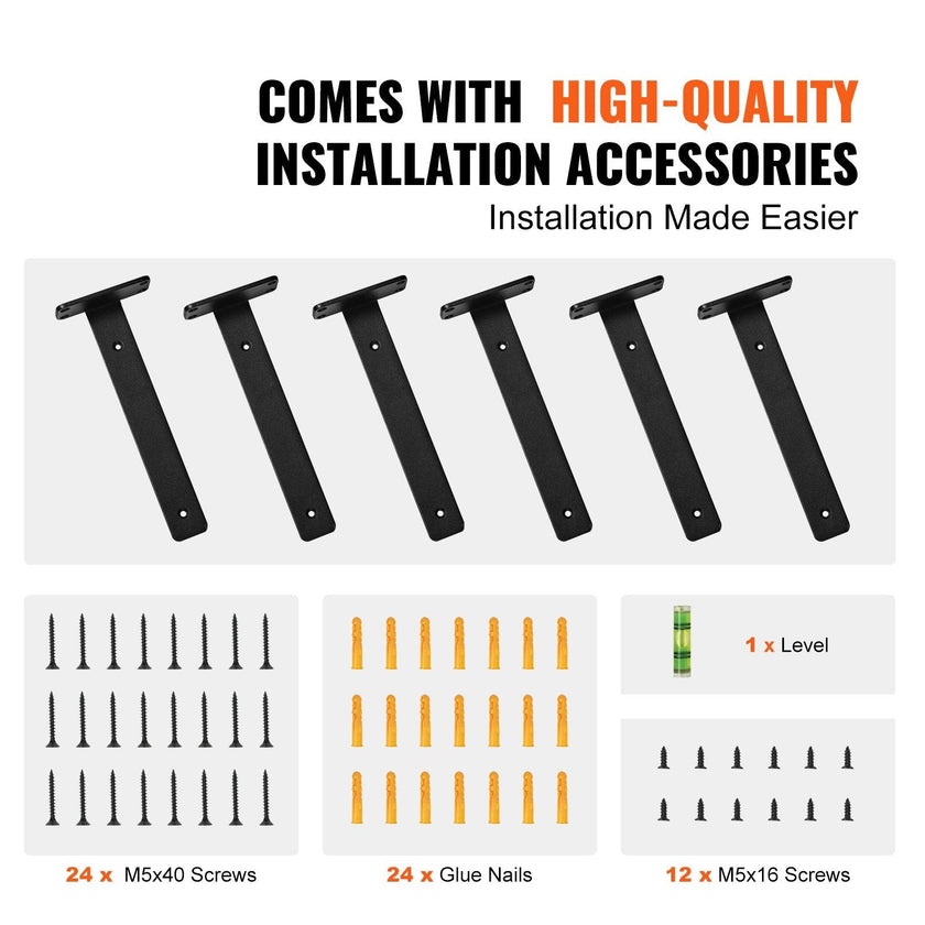 VEVOR Shelf Bracket, 6”L x 4”W x 1.6”H 6 Pcs, Heavy Duty Floating Shelf Brackets, Brackets for Shelves, 5mm Thick Matte Black L Shelf Bracket,Steel Shelving Brackets with 160 lbs Load Capacity