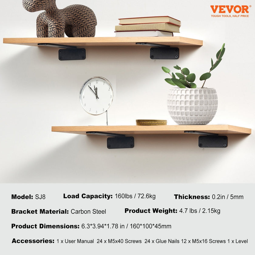VEVOR Shelf Bracket, 6”L x 4”W x 1.6”H 6 Pcs, Heavy Duty Floating Shelf Brackets, Brackets for Shelves, 5mm Thick Matte Black L Shelf Bracket,Steel Shelving Brackets with 160 lbs Load Capacity