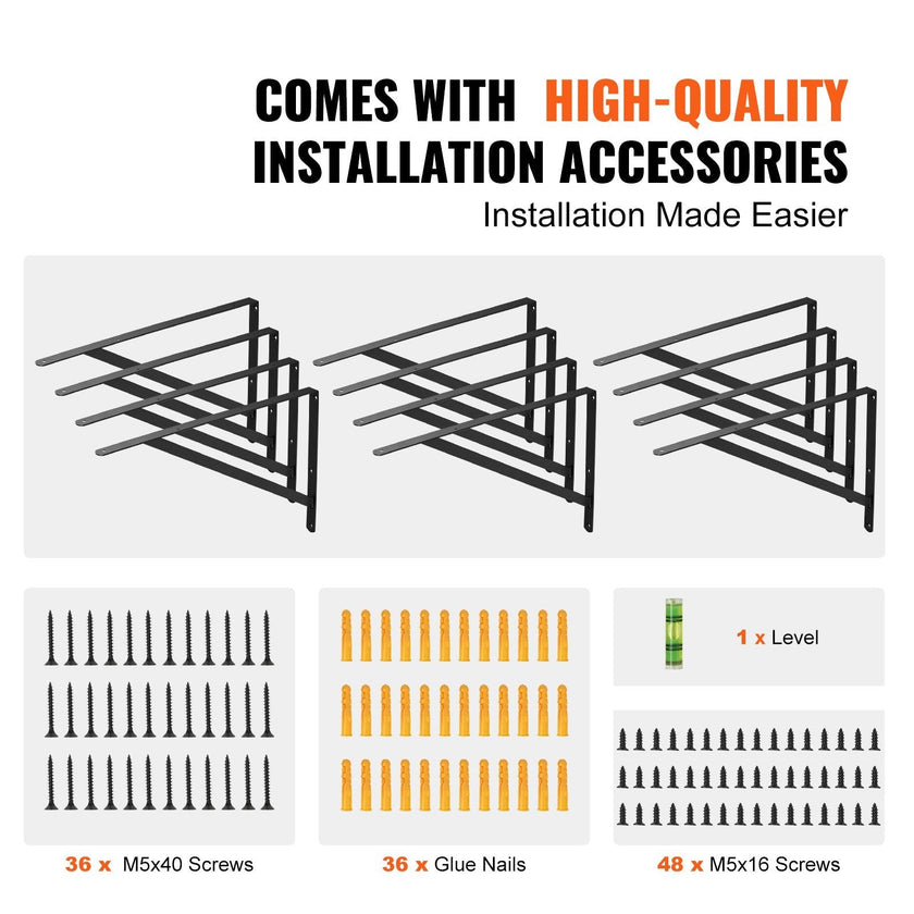 VEVOR Shelf Bracket, 18 x 12 in 12 Pcs, Heavy Duty Floating Shelf Brackets, Brackets for Shelves, 3mm Thick Matte Black Triangle Shelf Bracket,Steel Shelving Brackets with 160 lbs Load Capacity