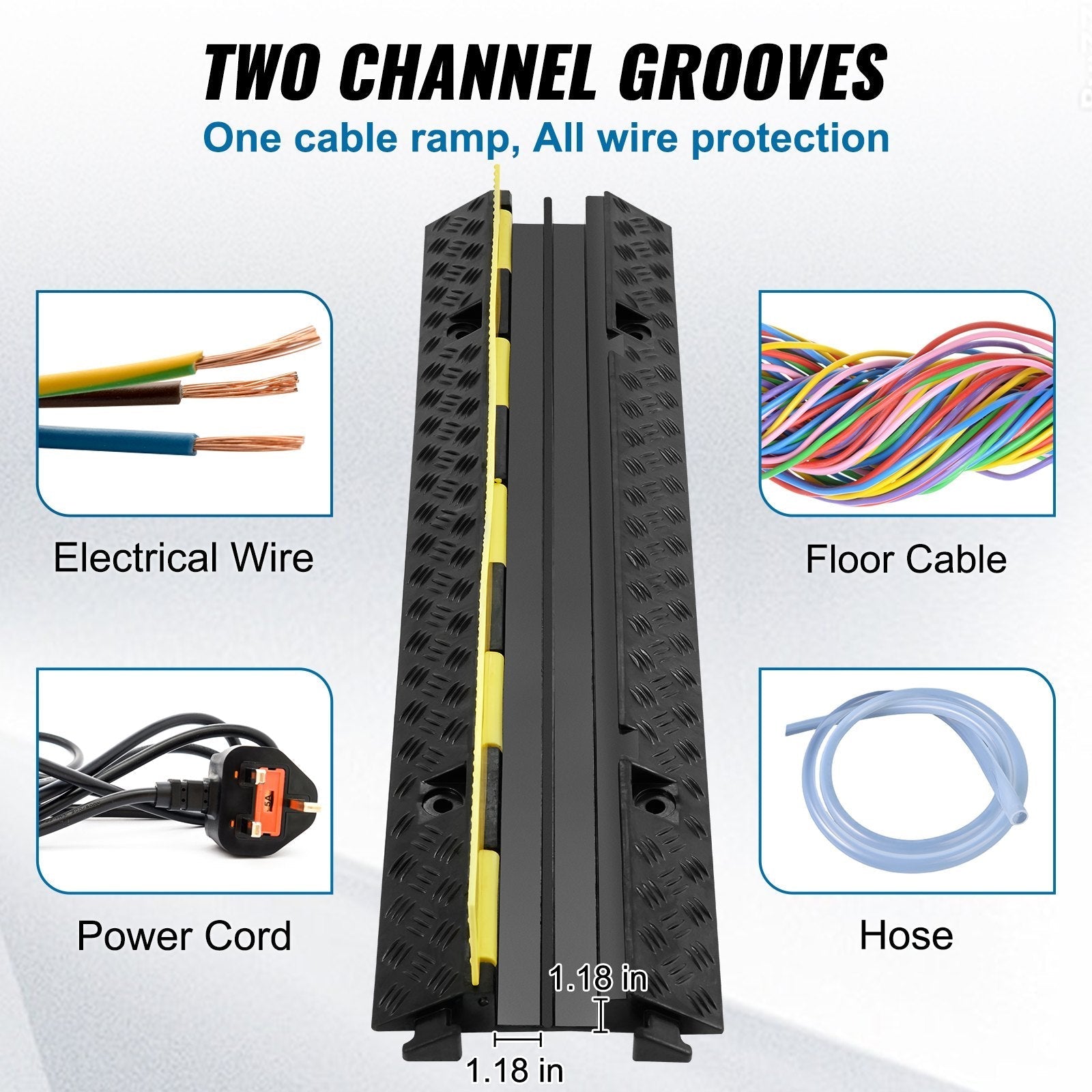 VEVOR 3 PCs Rubber Cable Protector Ramp, 2 Channel, 12000 lbs/axle Capacity Heavy Duty Hose Wire Cover Ramp Driveway, Traffic Speed Bump with Flip-Open Top Cover & 50 ft Warning Tape, for Indoor&Outdo