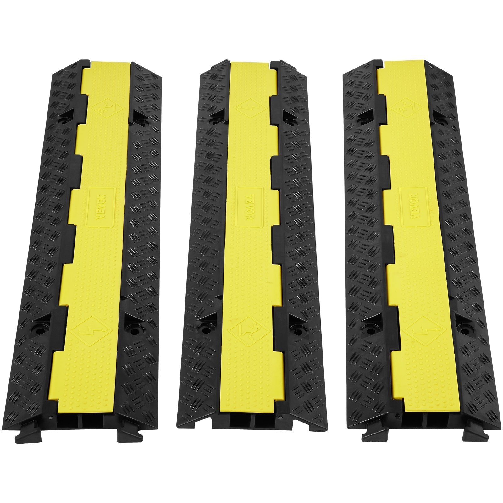 VEVOR 3 PCs Rubber Cable Protector Ramp, 2 Channel, 12000 lbs/axle Capacity Heavy Duty Hose Wire Cover Ramp Driveway, Traffic Speed Bump with Flip-Open Top Cover & 50 ft Warning Tape, for Indoor&Outdo