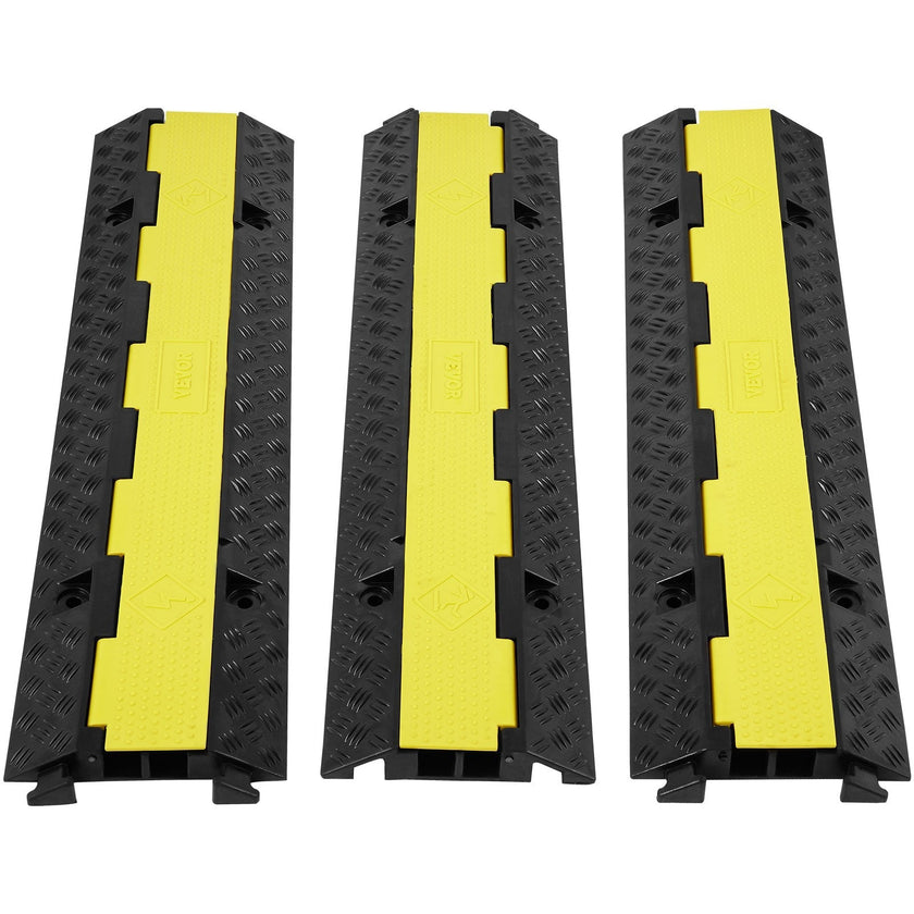 VEVOR 3 PCs Rubber Cable Protector Ramp, 2 Channel, 12000 lbs/axle Capacity Heavy Duty Hose Wire Cover Ramp Driveway, Traffic Speed Bump with Flip-Open Top Cover & 50 ft Warning Tape, for Indoor&Outdo