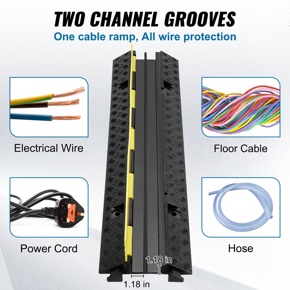 VEVOR 5 PCs Rubber Cable Protector Ramp, 2 Channel, 12000 lbs/axle Capacity Heavy Duty Hose Wire Cover Ramp Driveway, Traffic Speed Bump with Flip-Open Top Cover & 50 ft Warning Tape, for Indoor&Outdo