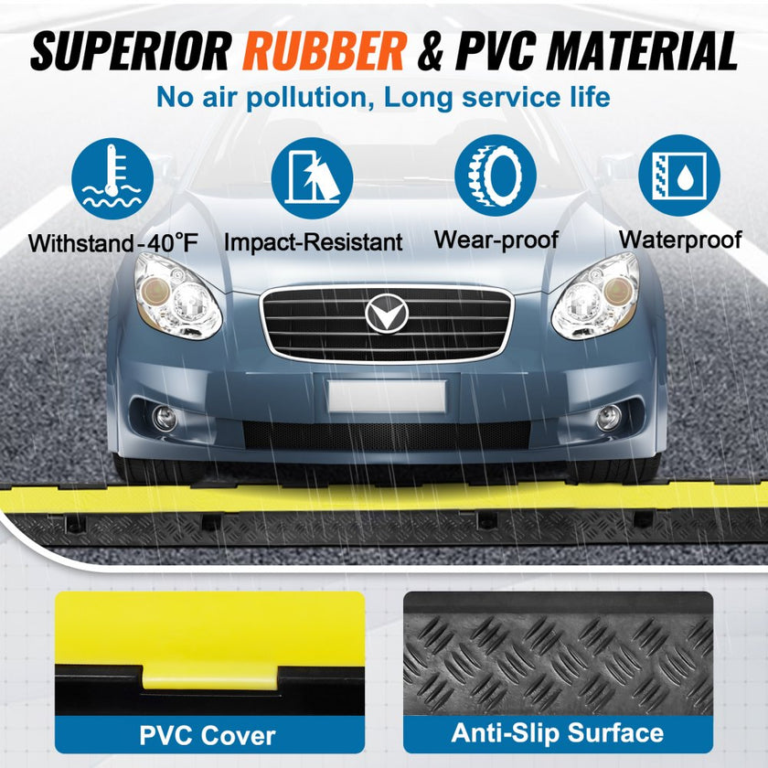 VEVOR 5 PCs Rubber Cable Protector Ramp, 2 Channel, 12000 lbs/axle Capacity Heavy Duty Hose Wire Cover Ramp Driveway, Traffic Speed Bump with Flip-Open Top Cover & 50 ft Warning Tape, for Indoor&Outdo