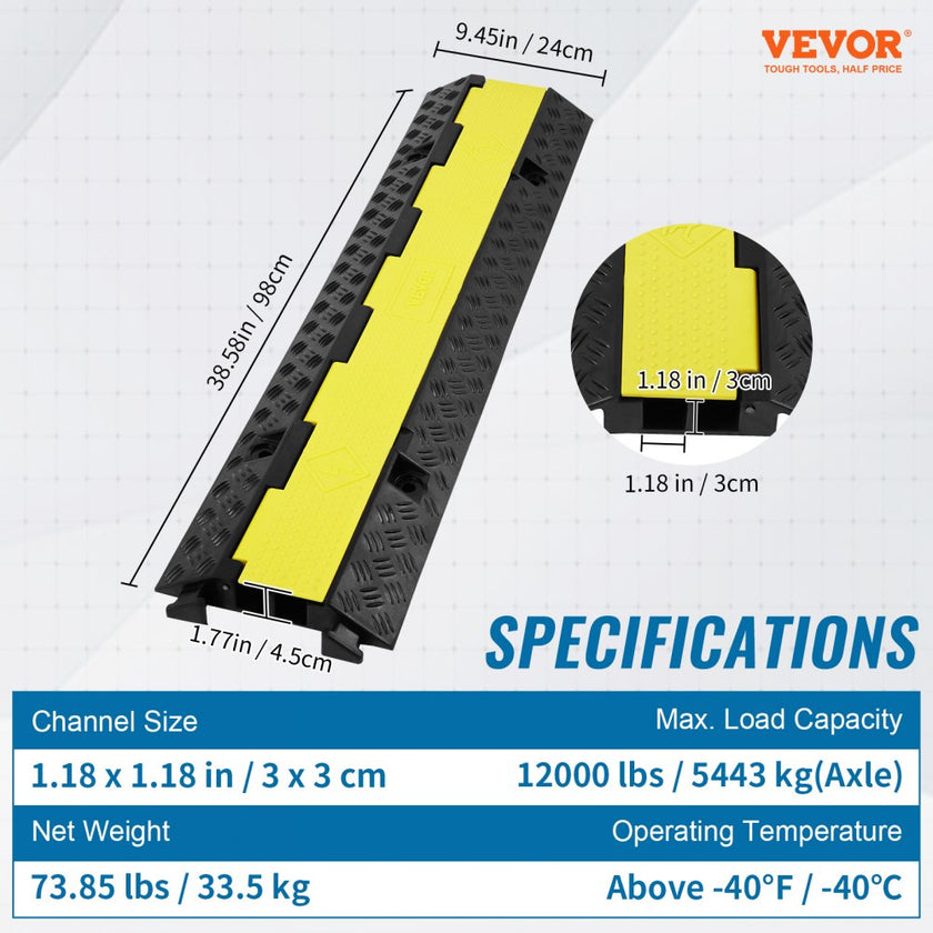 VEVOR 5 PCs Rubber Cable Protector Ramp, 2 Channel, 12000 lbs/axle Capacity Heavy Duty Hose Wire Cover Ramp Driveway, Traffic Speed Bump with Flip-Open Top Cover & 50 ft Warning Tape, for Indoor&Outdo