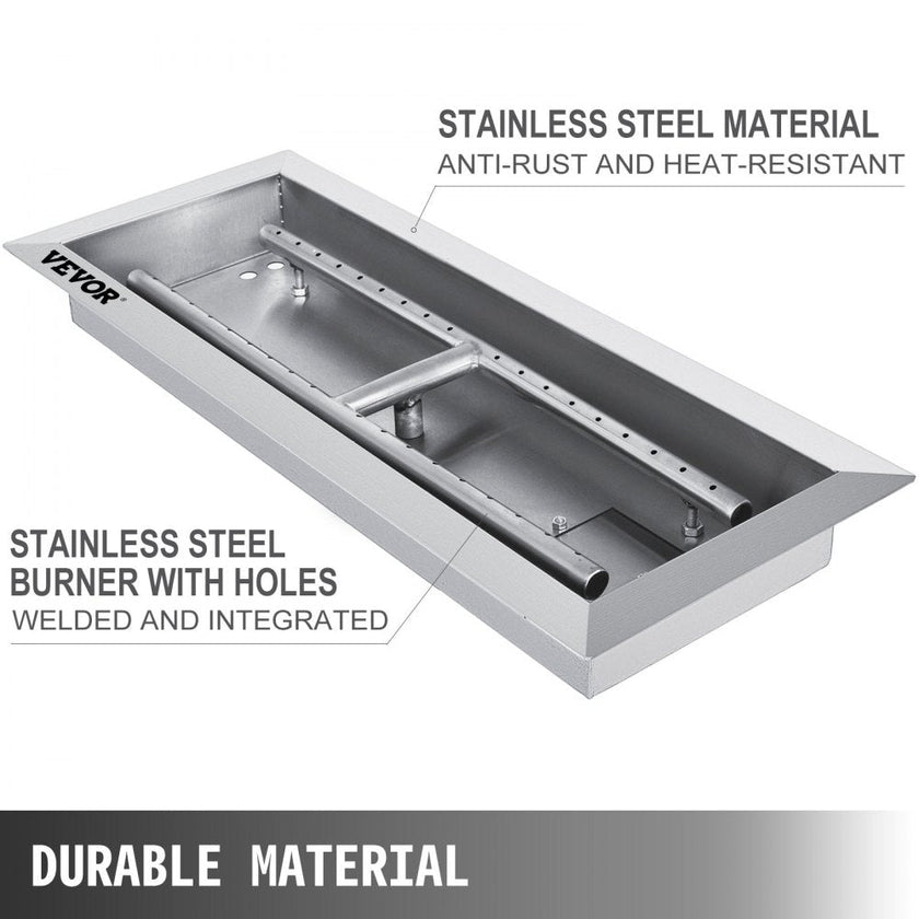 VEVOR Fire Pit Pan Stainless Steel Rectangular Fire Pit Pan and Burner 20x8 inch, Built-in Fire Pit Pan Both for Propane Gas & Natural Gas Suitable for Indoor & Outdoor Use