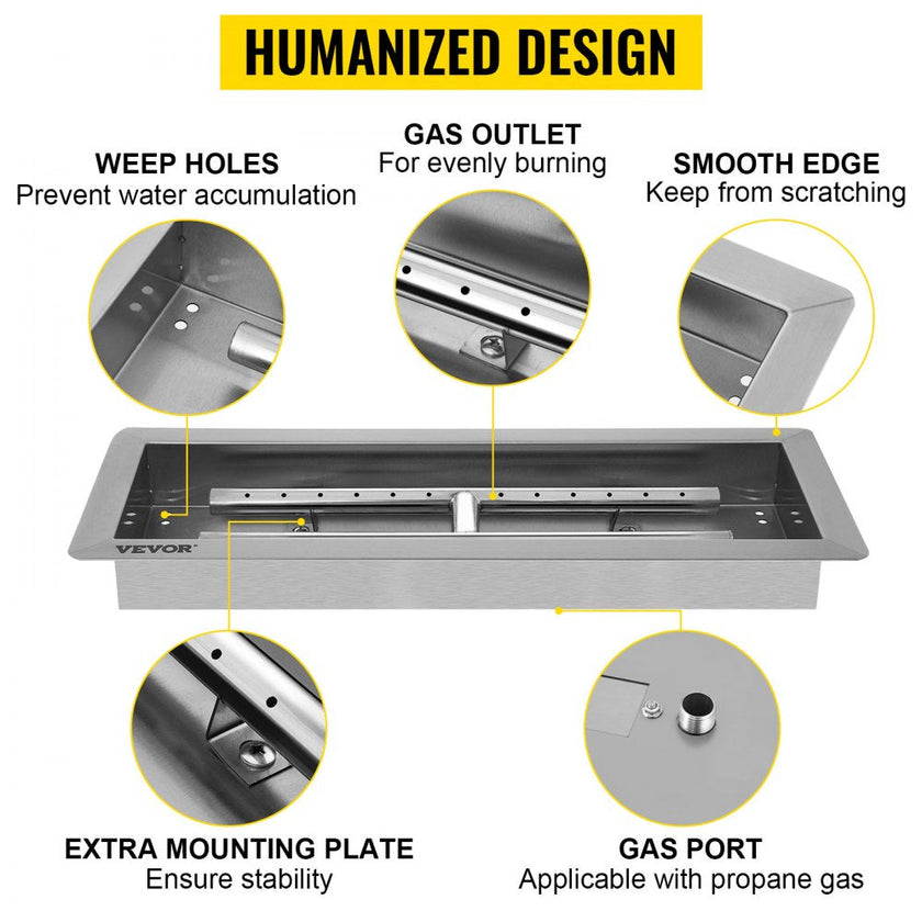 VEVOR Fire Pit Pan Stainless Steel Rectangular Fire Pit Pan and Burner 20x8 inch, Built-in Fire Pit Pan Both for Propane Gas & Natural Gas Suitable for Indoor & Outdoor Use