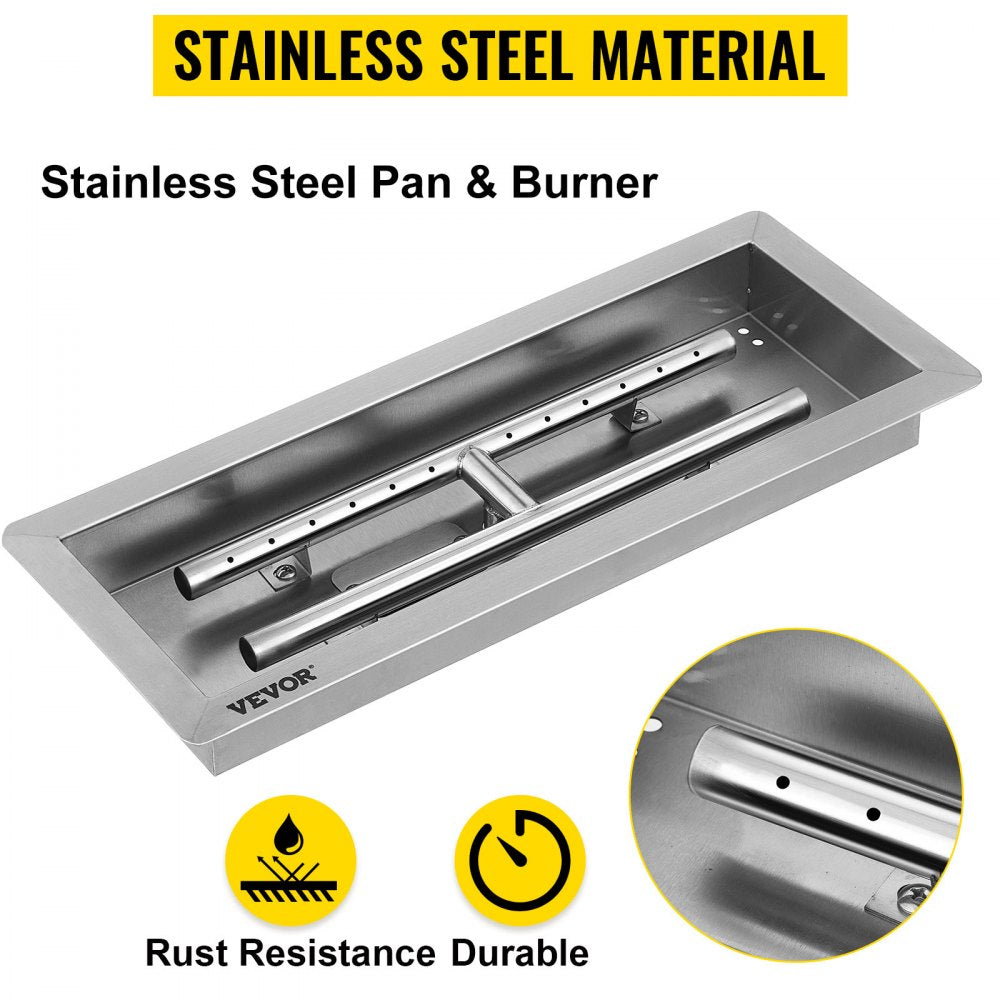 VEVOR Fire Pit Pan Stainless Steel Rectangular Fire Pit Pan and Burner 20x8 inch, Built-in Fire Pit Pan Both for Propane Gas & Natural Gas Suitable for Indoor & Outdoor Use