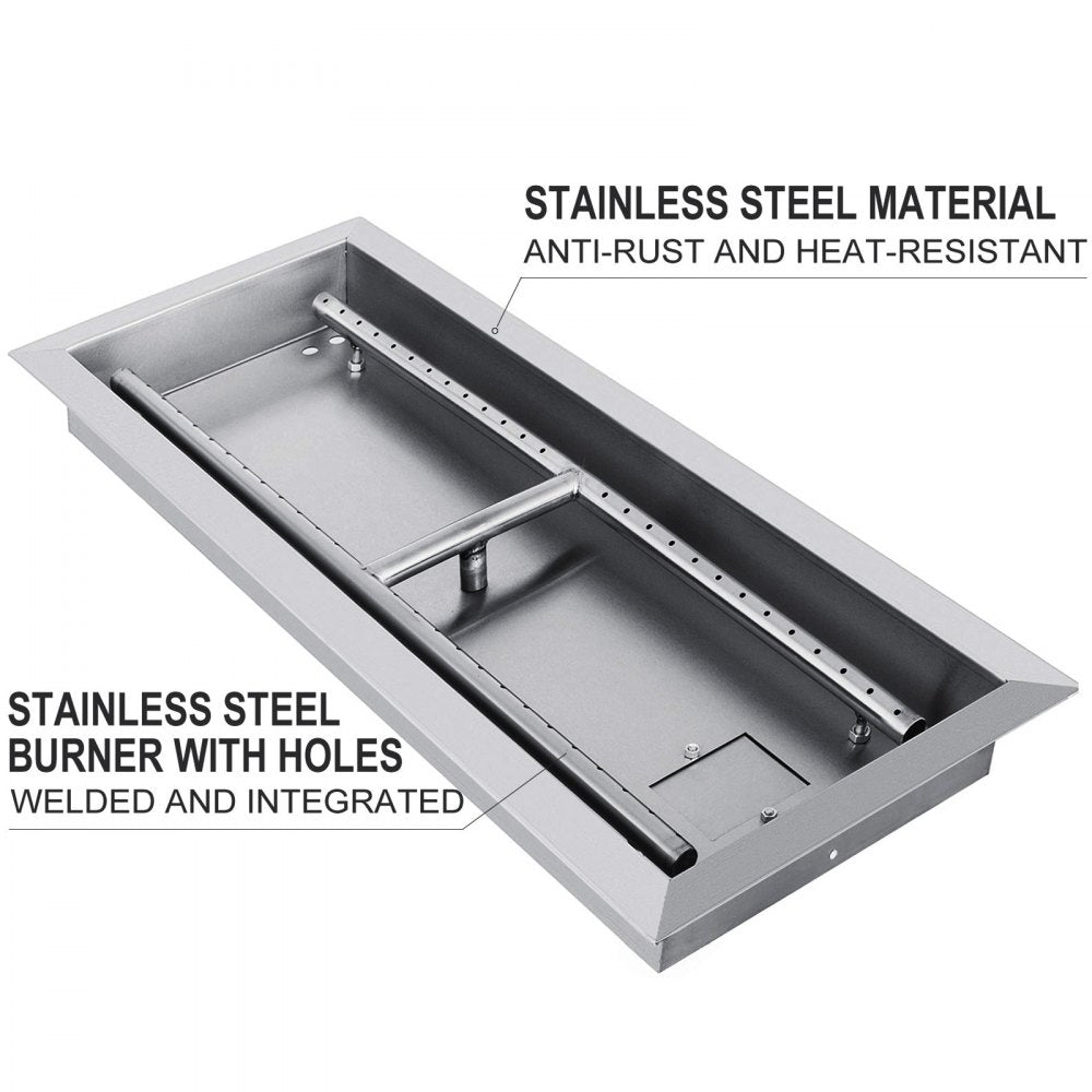 VEVOR 25.5x10 inch Fire Pit Pan Stainless Steel Rectangular Fire Pit Pan and Burner, 201 Series SS 90000 BTU Max, Built-in Fire Pit Pan Both for Propane Gas & Natural Gas Suitable for Indoor & Outdoor Use