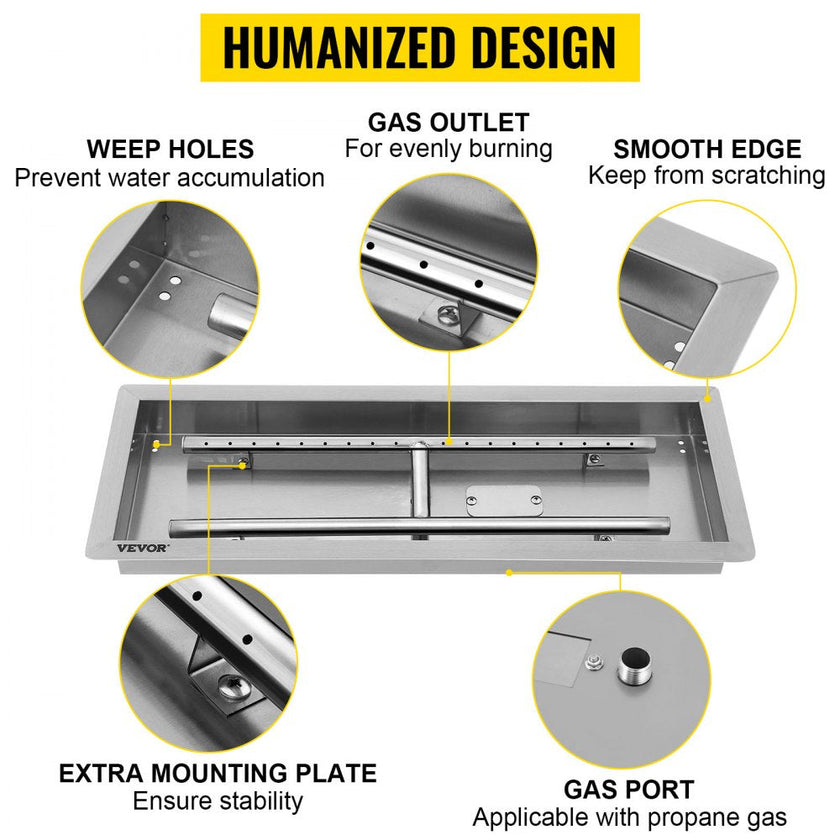 VEVOR 25.5x10 inch Fire Pit Pan Stainless Steel Rectangular Fire Pit Pan and Burner, 201 Series SS 90000 BTU Max, Built-in Fire Pit Pan Both for Propane Gas & Natural Gas Suitable for Indoor & Outdoor Use